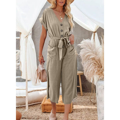 Women's Short Sleeve V Neck Button Belt Wide Leg Jumpsuit DailySale