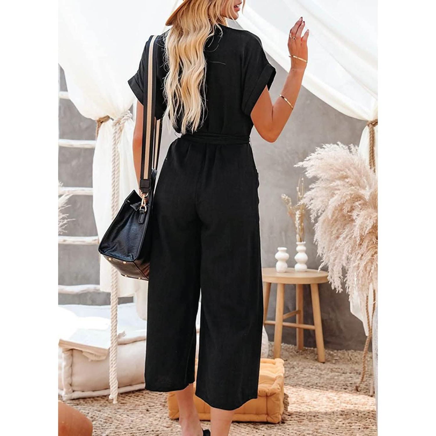 Women's Short Sleeve V Neck Button Belt Wide Leg Jumpsuit DailySale
