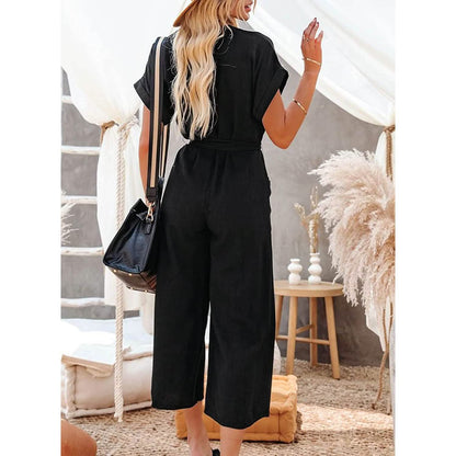 Women's Short Sleeve V Neck Button Belt Wide Leg Jumpsuit DailySale