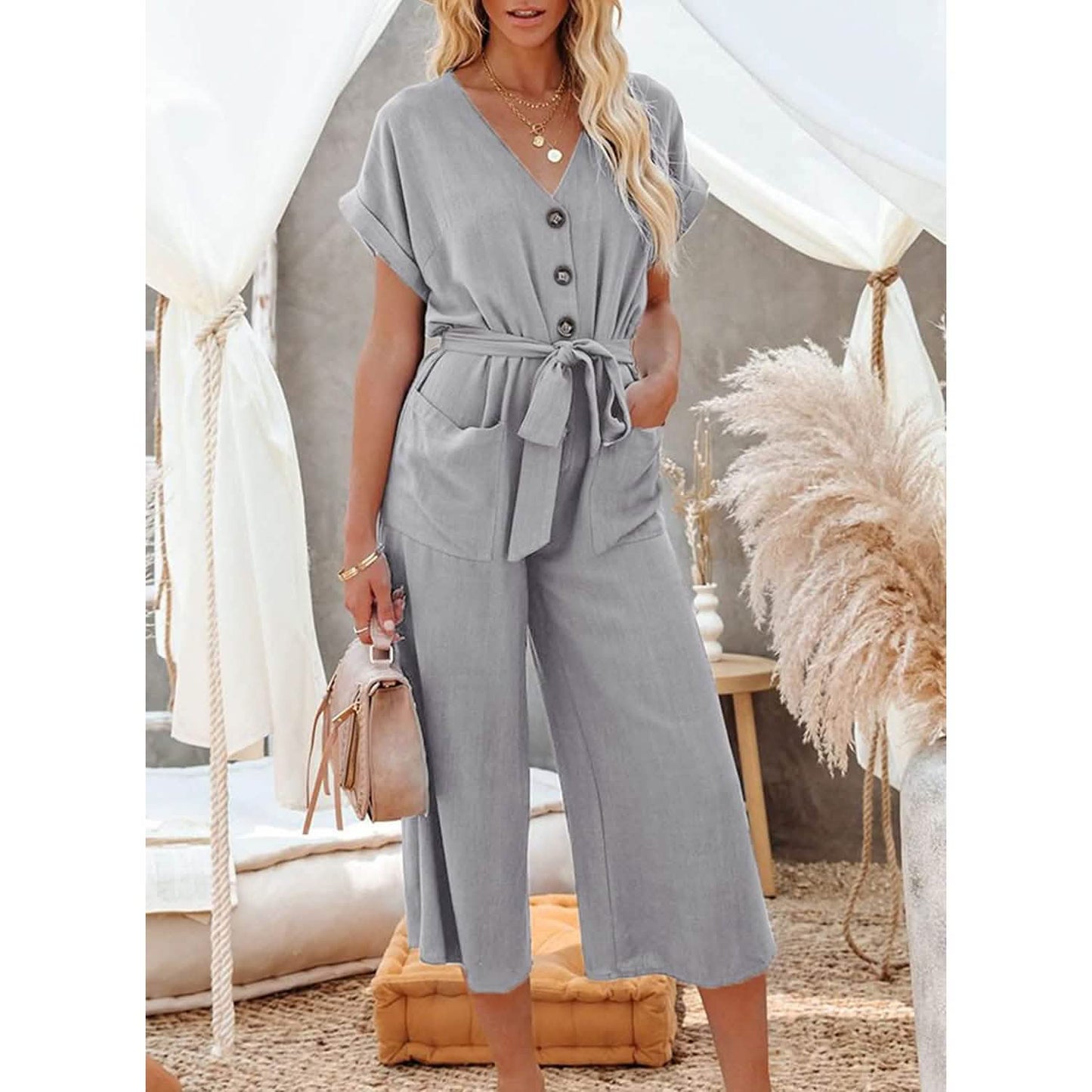 Women's Short Sleeve V Neck Button Belt Wide Leg Jumpsuit DailySale