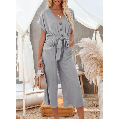 Women's Short Sleeve V Neck Button Belt Wide Leg Jumpsuit DailySale