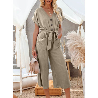 Women's Short Sleeve V Neck Button Belt Wide Leg Jumpsuit DailySale