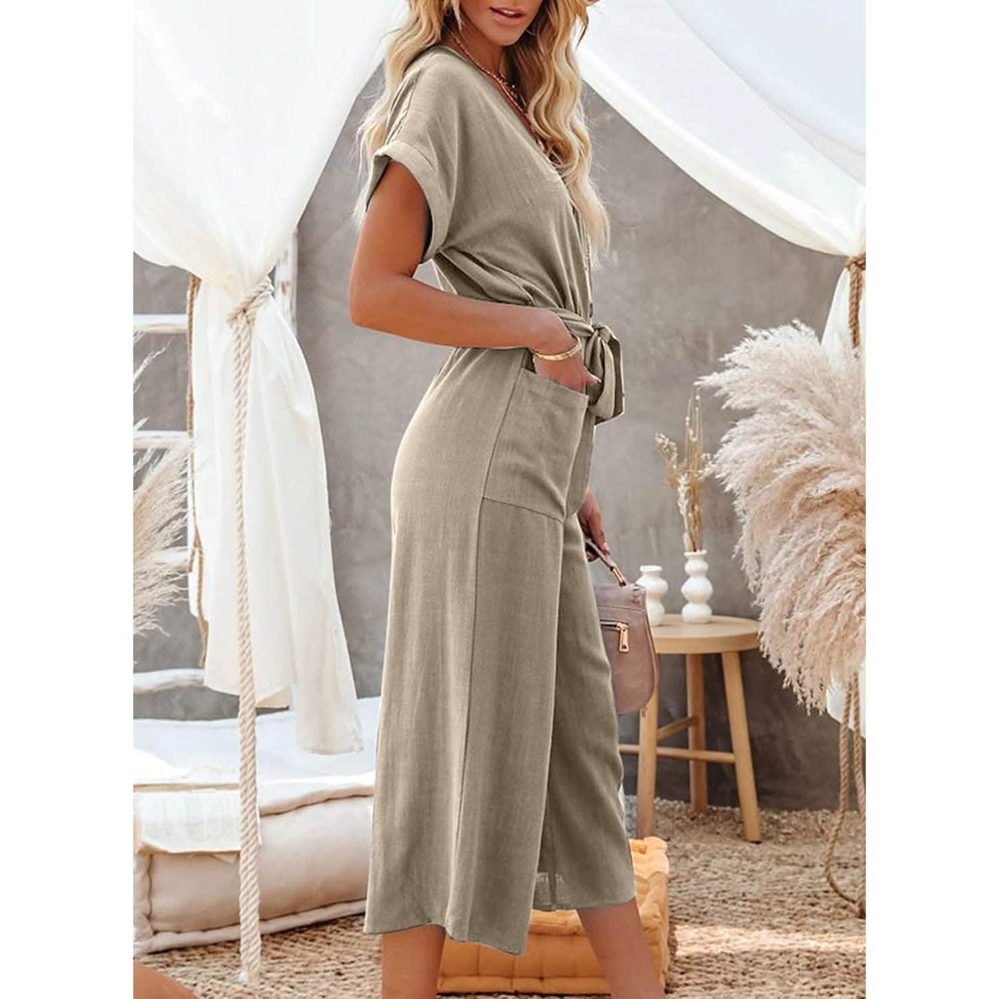 Women's Short Sleeve V Neck Button Belt Wide Leg Jumpsuit DailySale