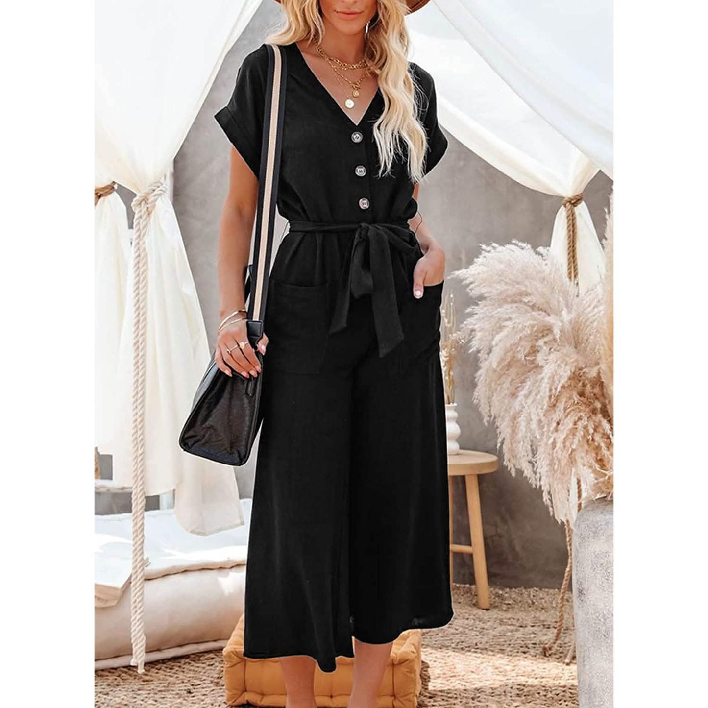 Women's Short Sleeve V Neck Button Belt Wide Leg Jumpsuit DailySale