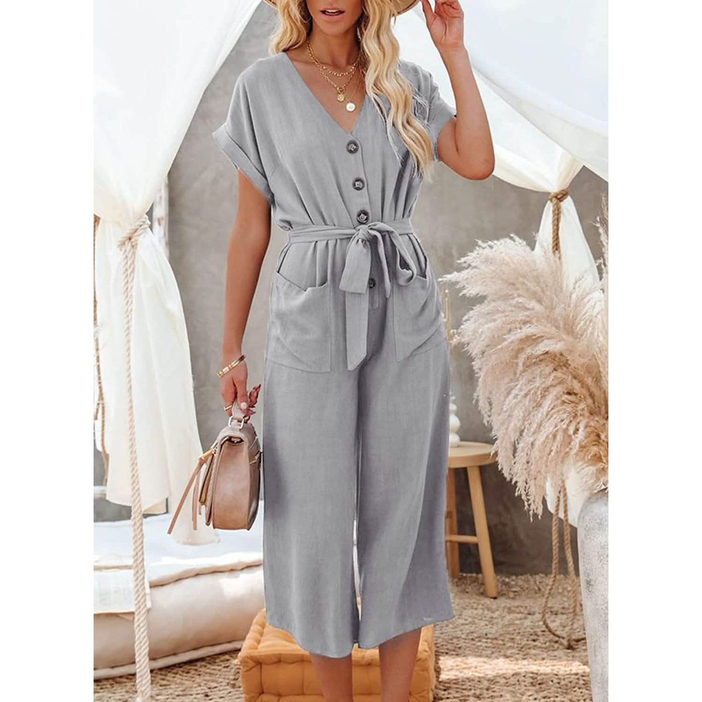 Women's Short Sleeve V Neck Button Belt Wide Leg Jumpsuit DailySale