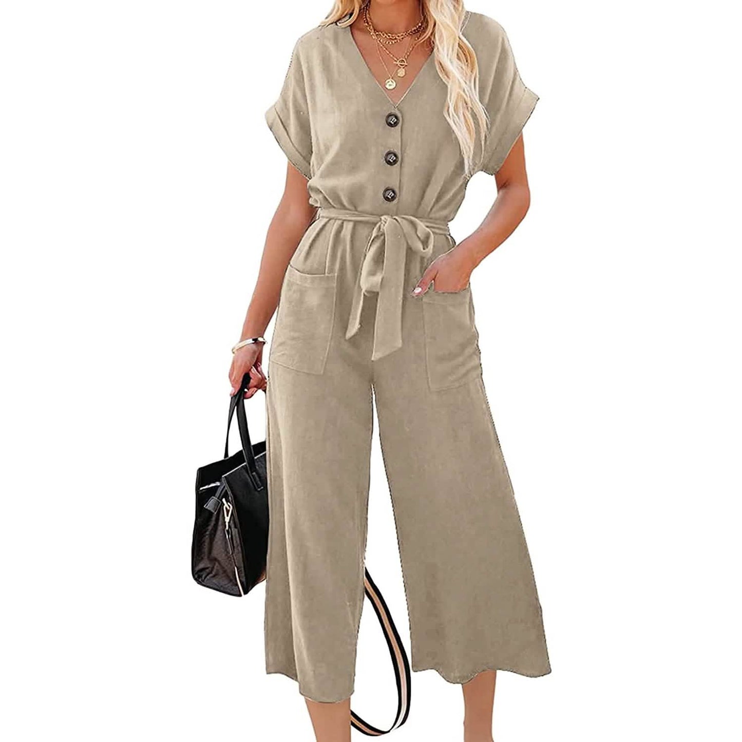 Women's Short Sleeve V Neck Button Belt Wide Leg Jumpsuit DailySale