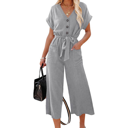 Women's Short Sleeve V Neck Button Belt Wide Leg Jumpsuit DailySale