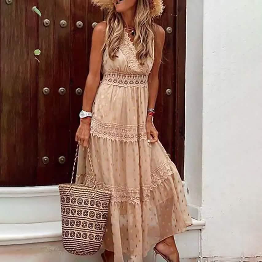 Women's Sleeveless Solid Color Lace Panel Dress DailySale