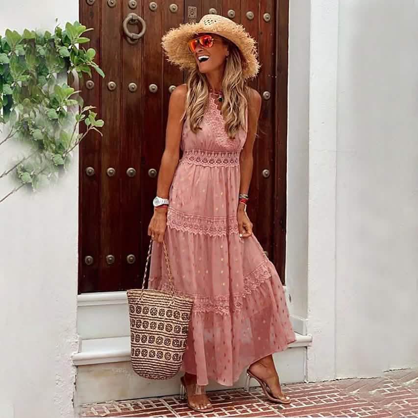 Women's Sleeveless Solid Color Lace Panel Dress DailySale