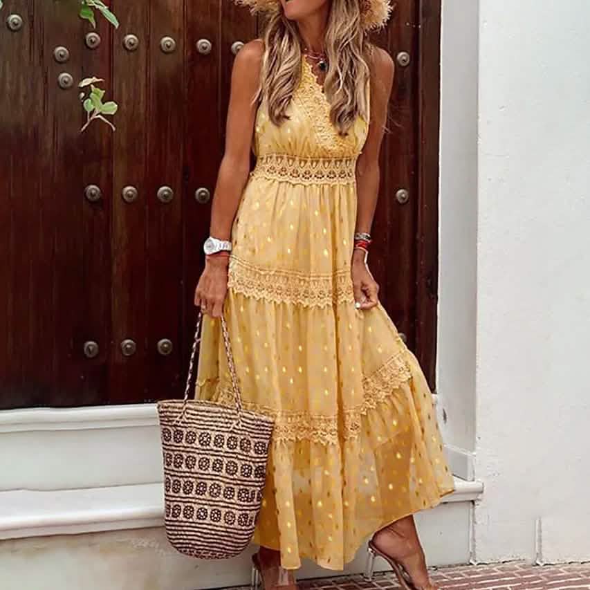 Women's Sleeveless Solid Color Lace Panel Dress DailySale