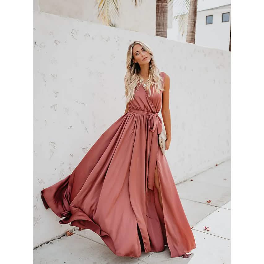 Women's Solid Color Slit Tie Maxi Dress DailySale