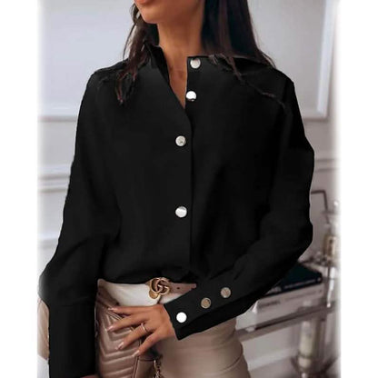 Women's Solid Colored Long Sleeve Button Standing Collar Basic Tops DailySale