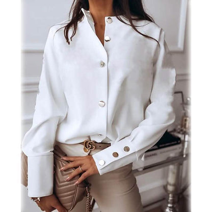 Women's Solid Colored Long Sleeve Button Standing Collar Basic Tops DailySale