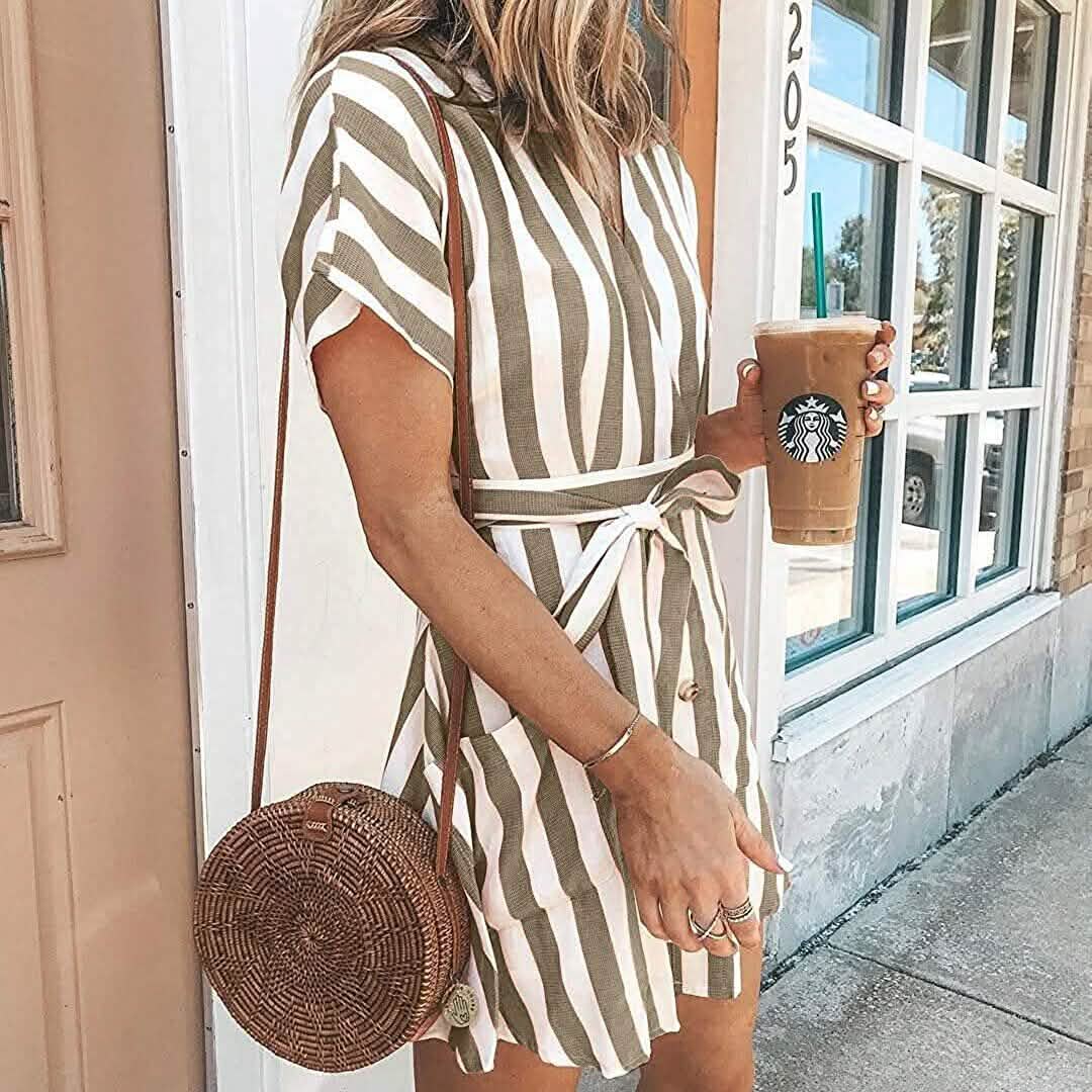 Womens Stripe Short Sleeve Wrap V Neck Button Front Tie Belted Dress DailySale
