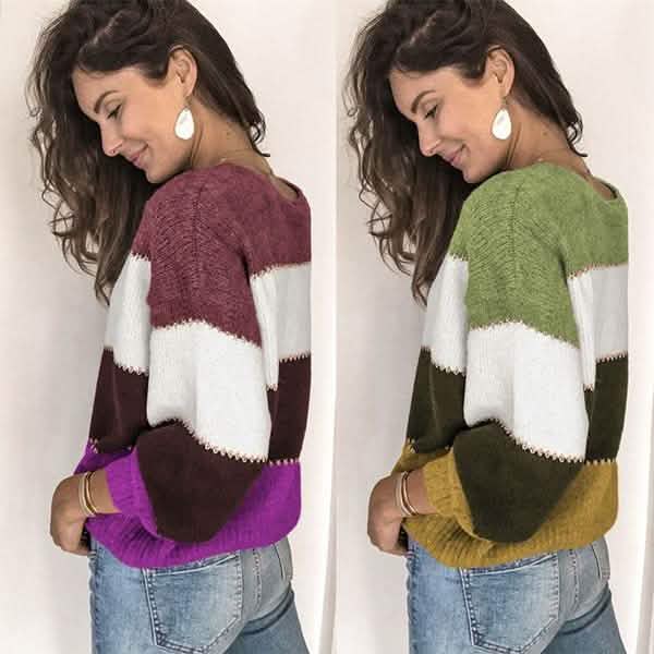 Women's Striped Patchwork Streetwear Loose Knitted Pullovers Tops DailySale
