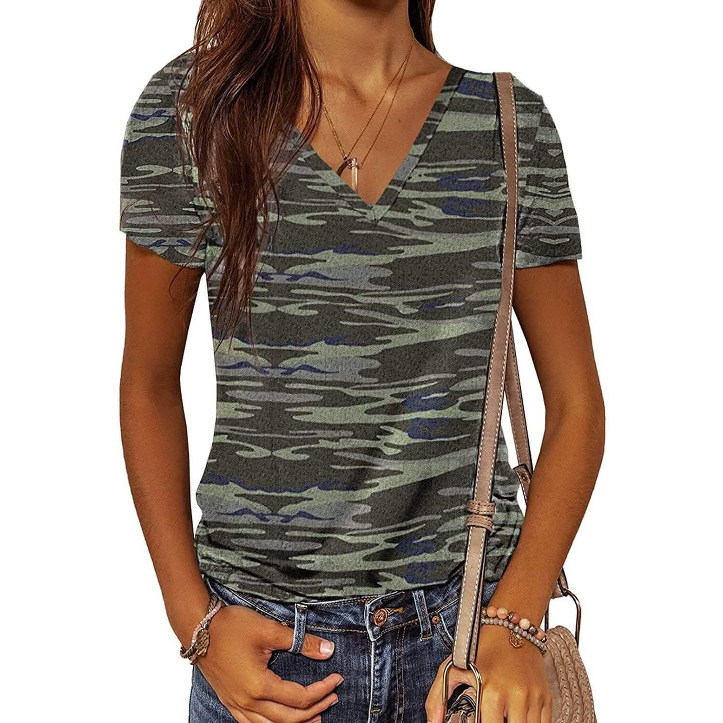 Women's Summer Camo V Neck Short Sleeve Tee Shirts Casual Loose Blouse Tops DailySale