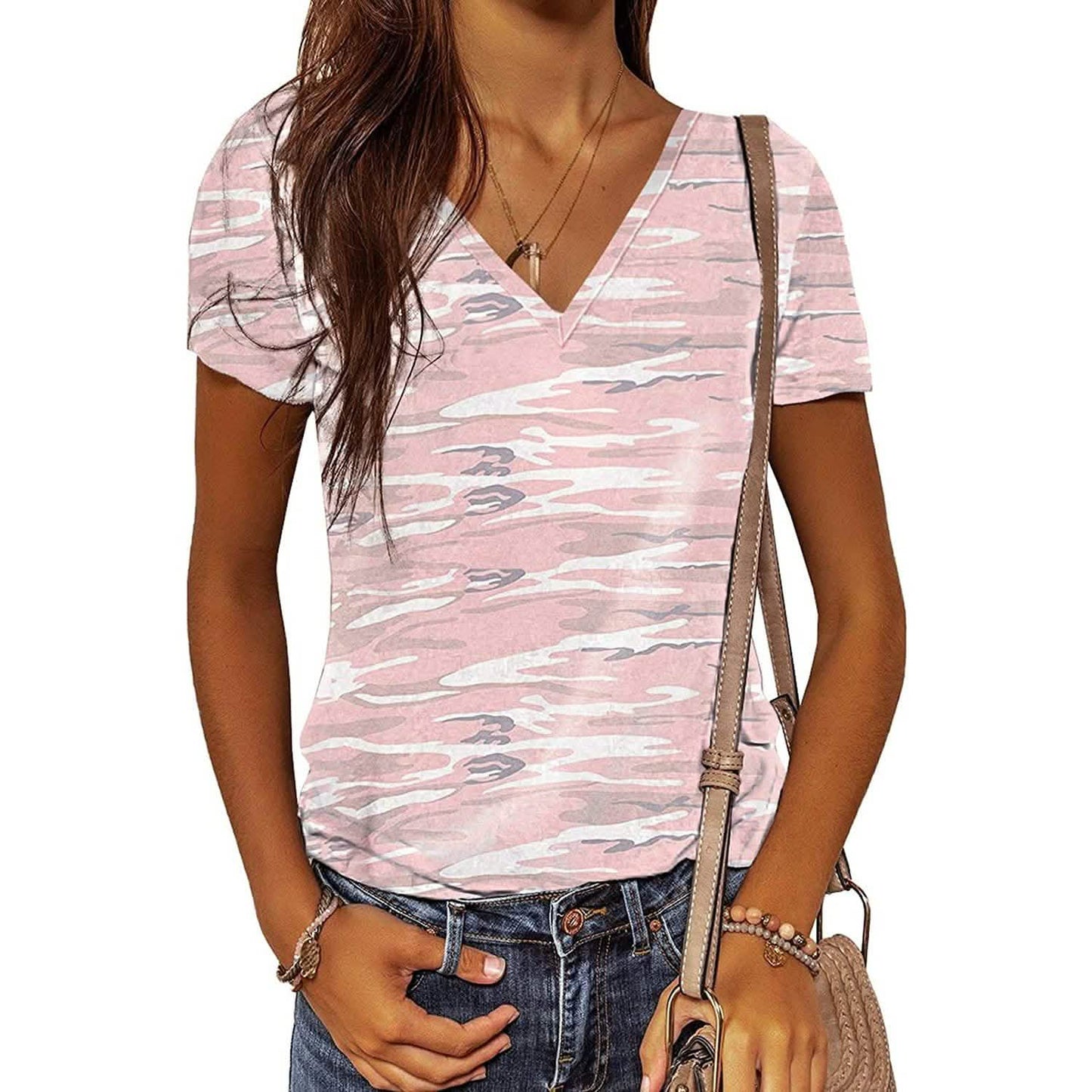 Women's Summer Camo V Neck Short Sleeve Tee Shirts Casual Loose Blouse Tops DailySale