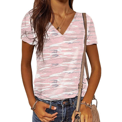 Women's Summer Camo V Neck Short Sleeve Tee Shirts Casual Loose Blouse Tops DailySale