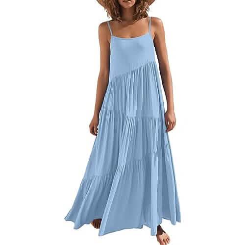 Women's Summer Casual Loose Sleeveless Spaghetti Strap Asymmetric Tiered Beach Maxi Long Dress DailySale