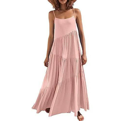 Women's Summer Casual Loose Sleeveless Spaghetti Strap Asymmetric Tiered Beach Maxi Long Dress DailySale