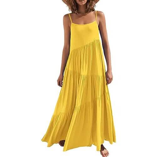Women's Summer Casual Loose Sleeveless Spaghetti Strap Asymmetric Tiered Beach Maxi Long Dress DailySale