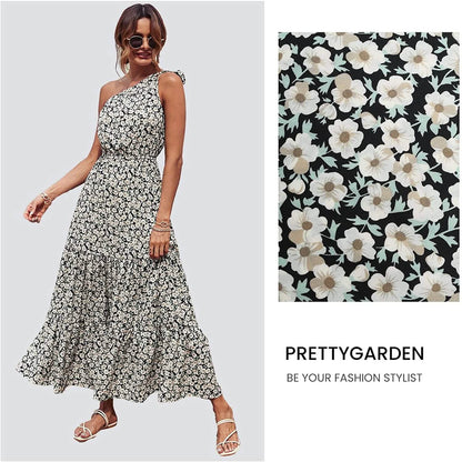 Women's Summer Floral One Shoulder Ruffled Hem Maxi Dresses DailySale