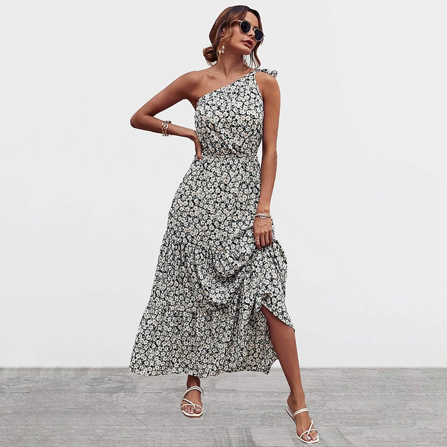 Women's Summer Floral One Shoulder Ruffled Hem Maxi Dresses DailySale