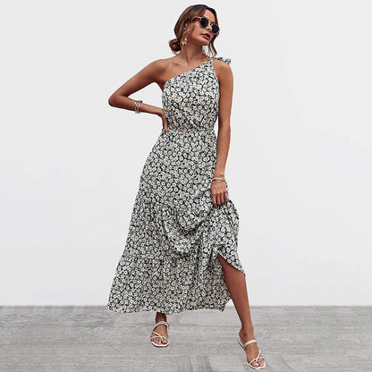 Women's Summer Floral One Shoulder Ruffled Hem Maxi Dresses DailySale