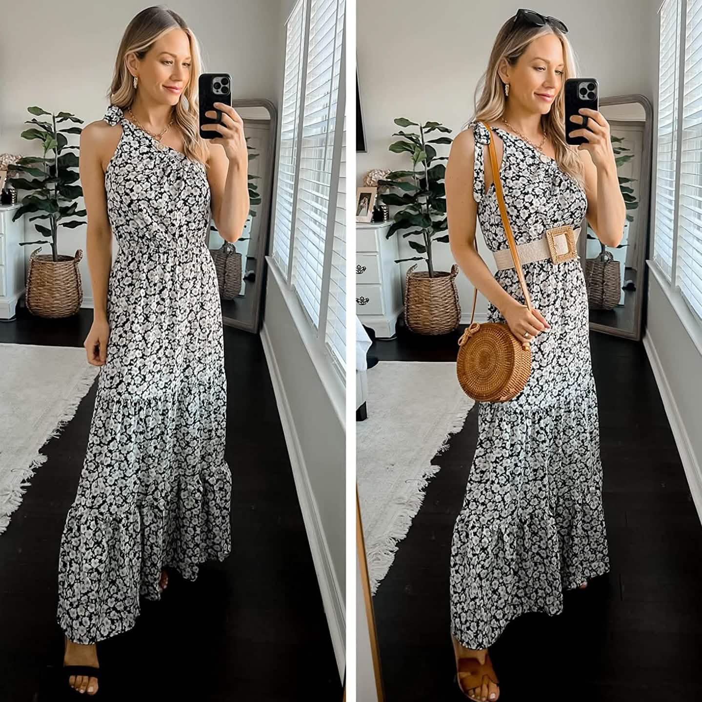 Women's Summer Floral One Shoulder Ruffled Hem Maxi Dresses DailySale