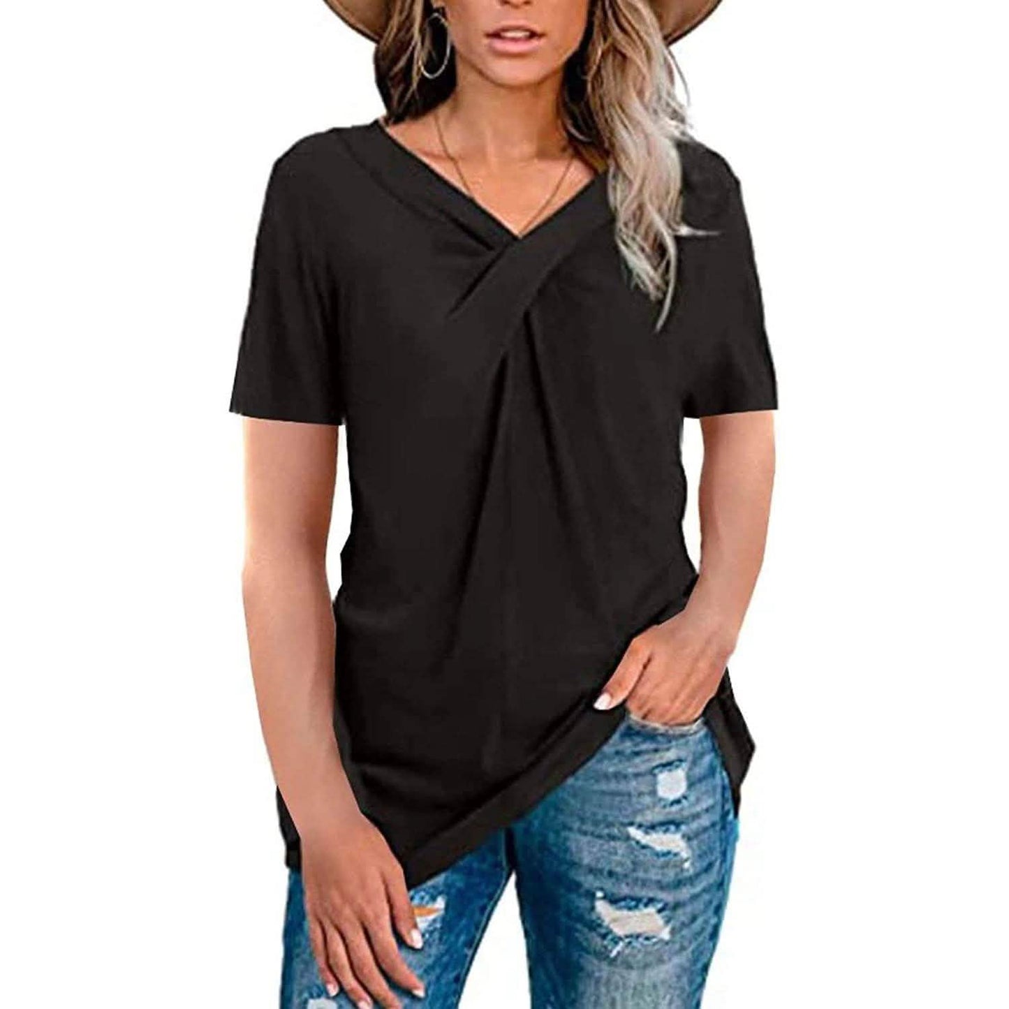 Women's Summer Shirts V Neck Short Sleeve Tops Cross Knot DailySale