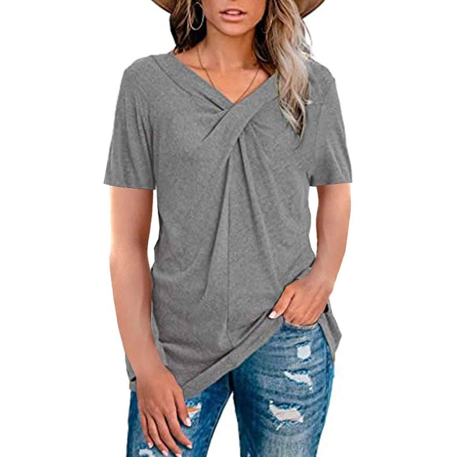 Women's Summer Shirts V Neck Short Sleeve Tops Cross Knot DailySale