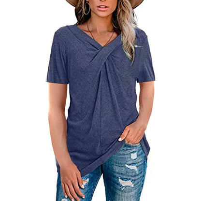Women's Summer Shirts V Neck Short Sleeve Tops Cross Knot DailySale
