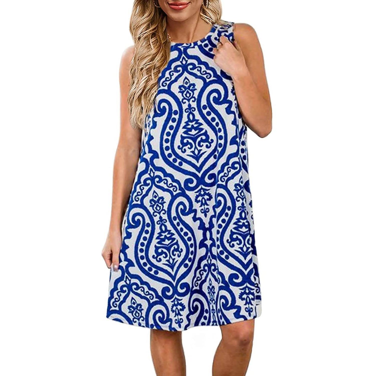 Women's Summer Sleeveless Damask Print Pocket Loose T-Shirt Cover Up Dress DailySale