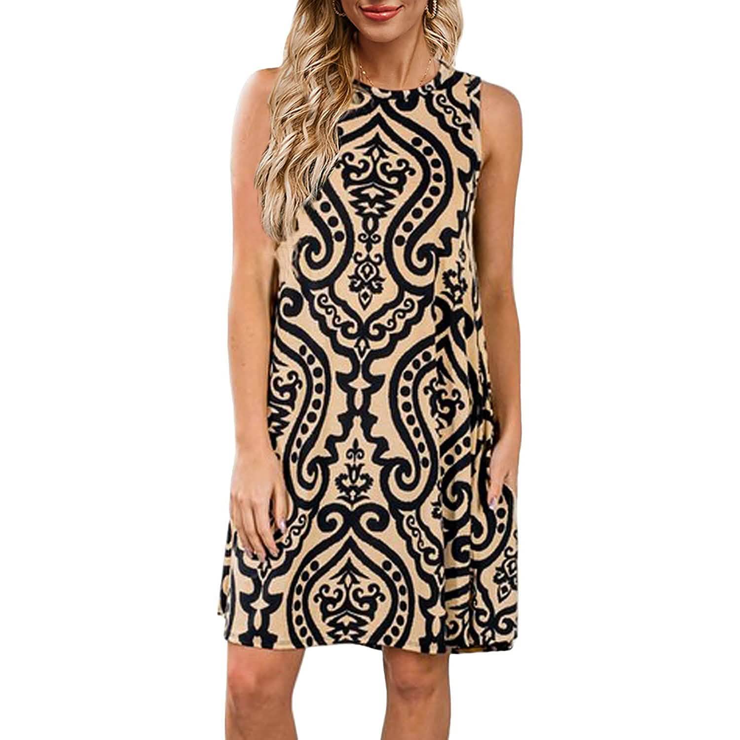 Women's Summer Sleeveless Damask Print Pocket Loose T-Shirt Cover Up Dress DailySale