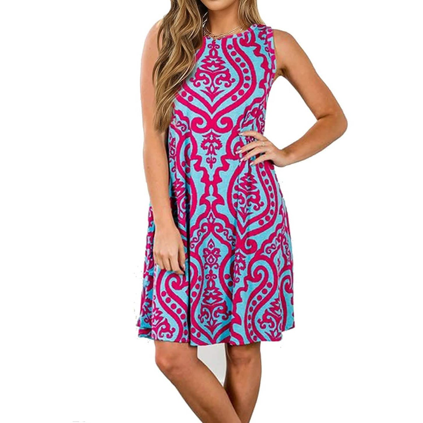 Women's Summer Sleeveless Damask Print Pocket Loose T-Shirt Cover Up Dress DailySale