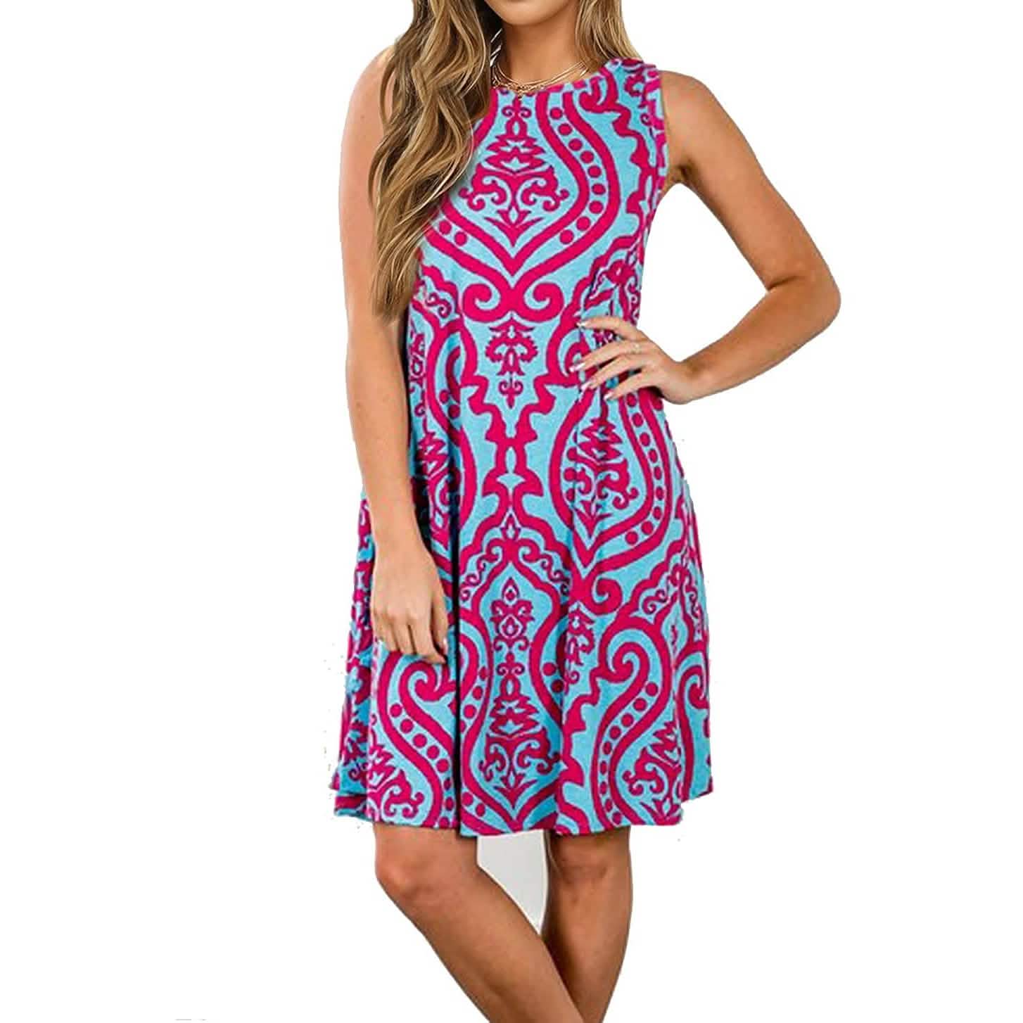 Women's Summer Sleeveless Damask Print Pocket Loose T-Shirt Cover Up Dress DailySale
