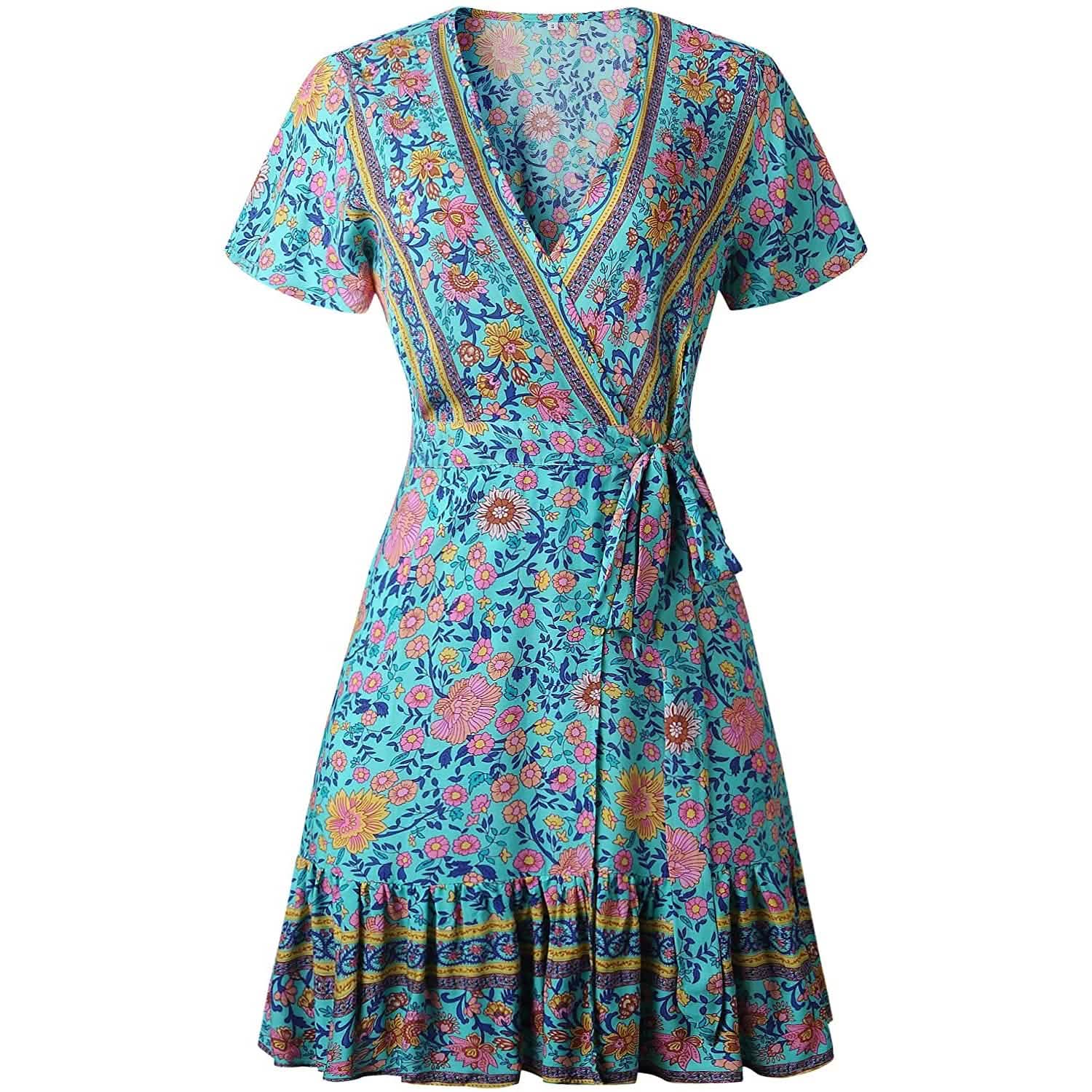Women's Summer Wrap V Neck Bohemian Floral Print Mini Dress DailySale
