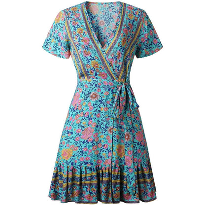 Women's Summer Wrap V Neck Bohemian Floral Print Mini Dress DailySale