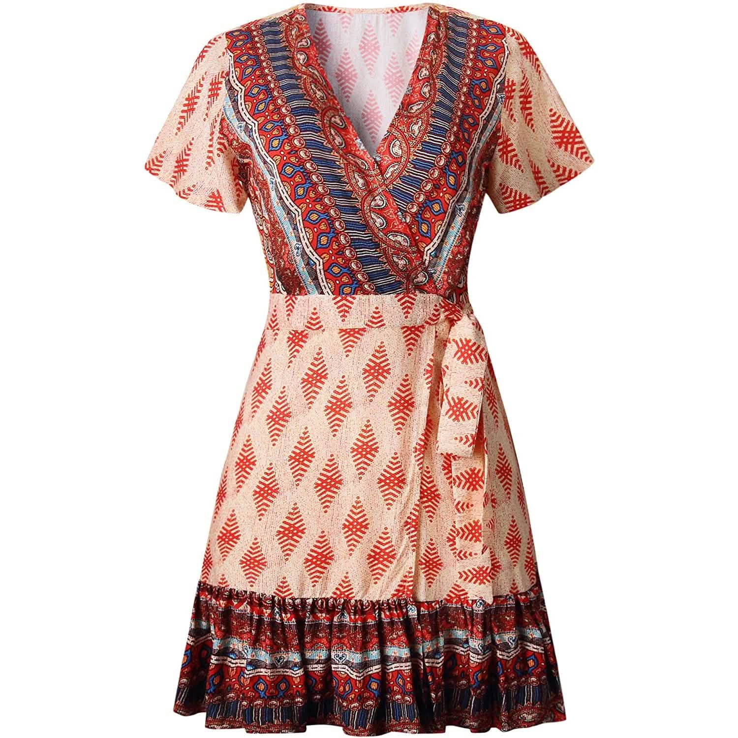 Women's Summer Wrap V Neck Bohemian Floral Print Mini Dress DailySale