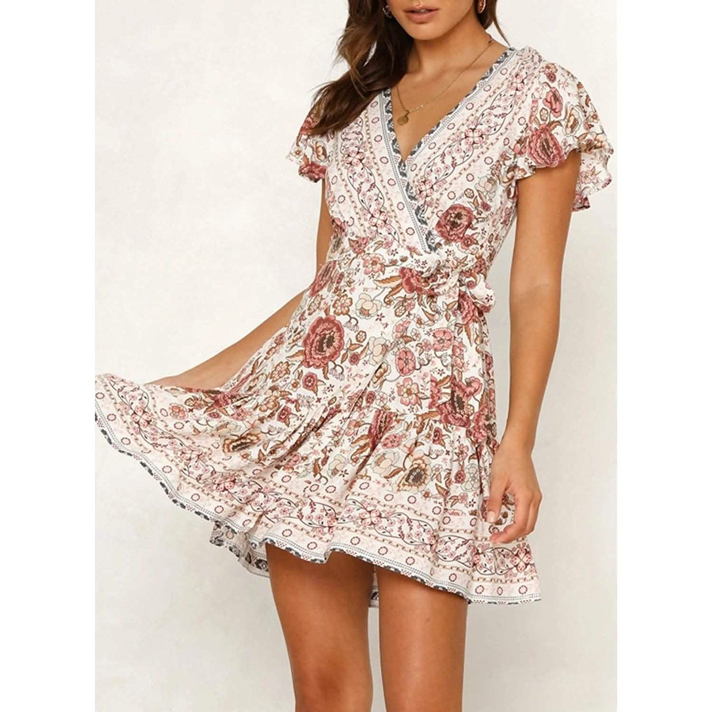 Women's Summer Wrap V Neck Bohemian Floral Print Mini Dress DailySale