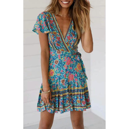 Women's Summer Wrap V Neck Bohemian Floral Print Mini Dress DailySale