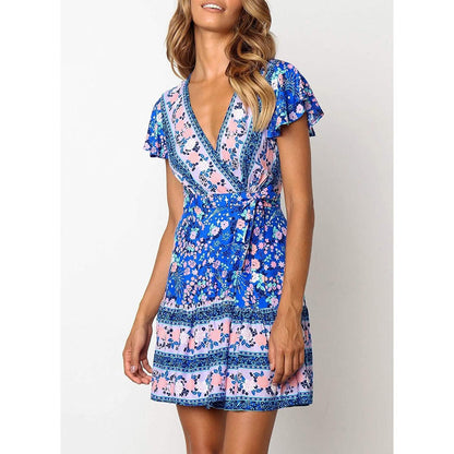 Women's Summer Wrap V Neck Bohemian Floral Print Mini Dress DailySale