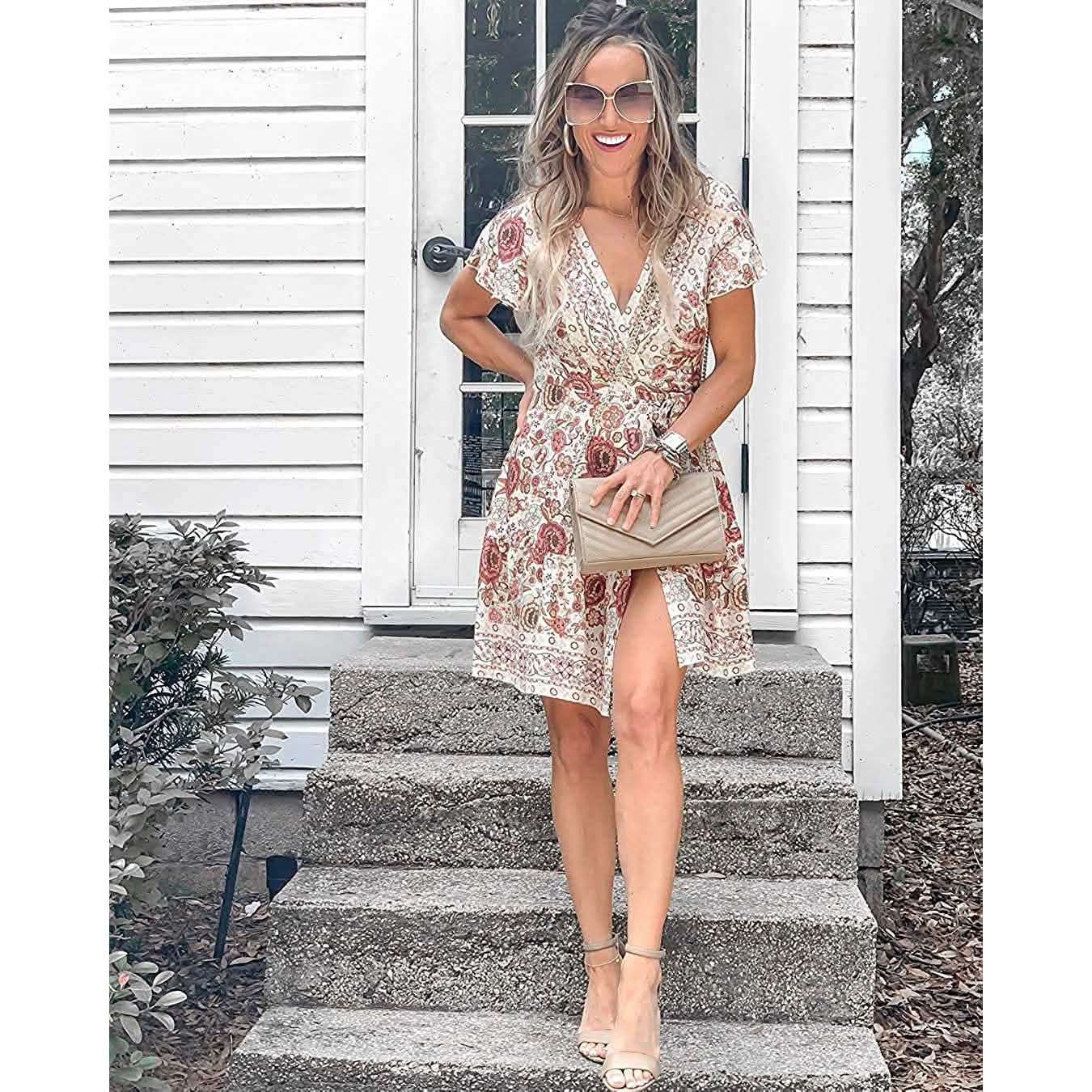 Women's Summer Wrap V Neck Bohemian Floral Print Mini Dress DailySale