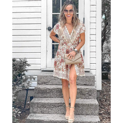 Women's Summer Wrap V Neck Bohemian Floral Print Mini Dress DailySale