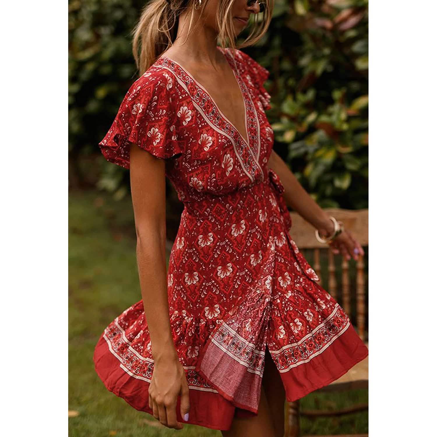 Women's Summer Wrap V Neck Bohemian Floral Print Mini Dress DailySale