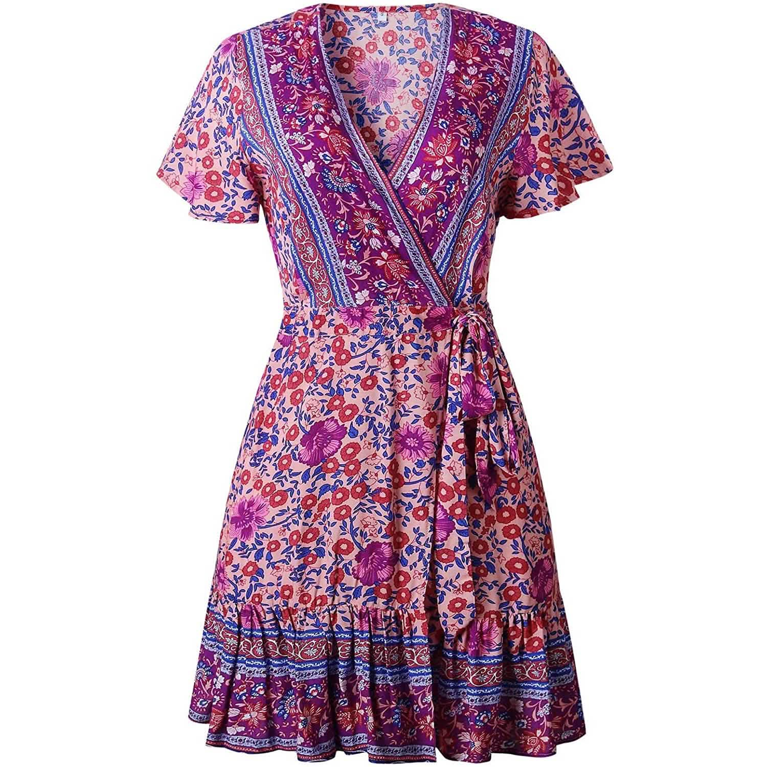 Women's Summer Wrap V Neck Bohemian Floral Print Mini Dress DailySale