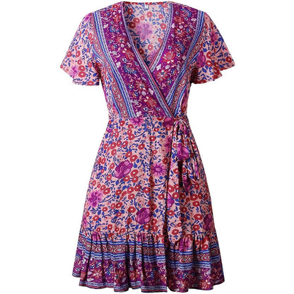 Women's Summer Wrap V Neck Bohemian Floral Print Mini Dress DailySale