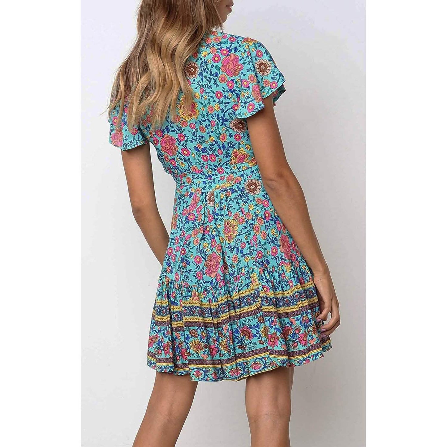 Women's Summer Wrap V Neck Bohemian Floral Print Mini Dress DailySale