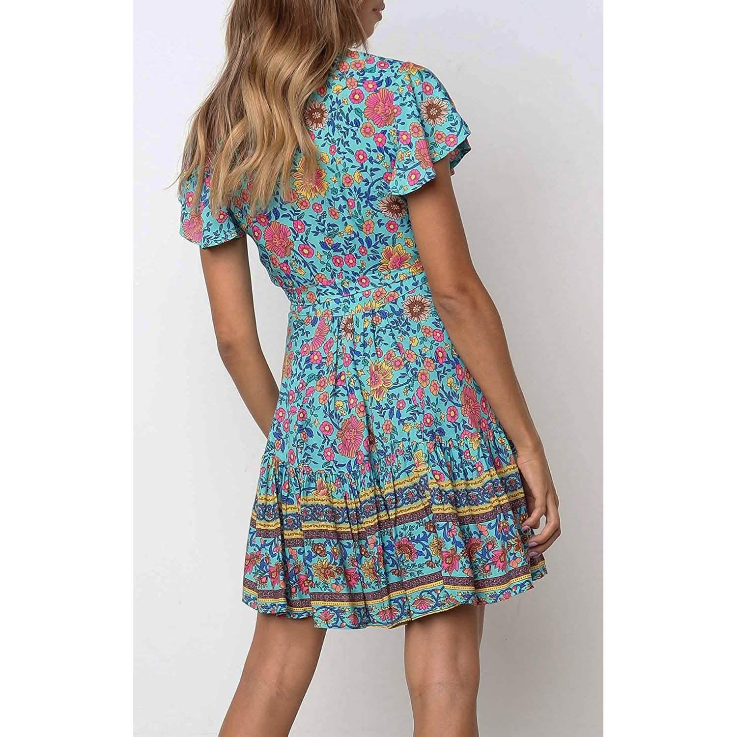 Women's Summer Wrap V Neck Bohemian Floral Print Mini Dress DailySale