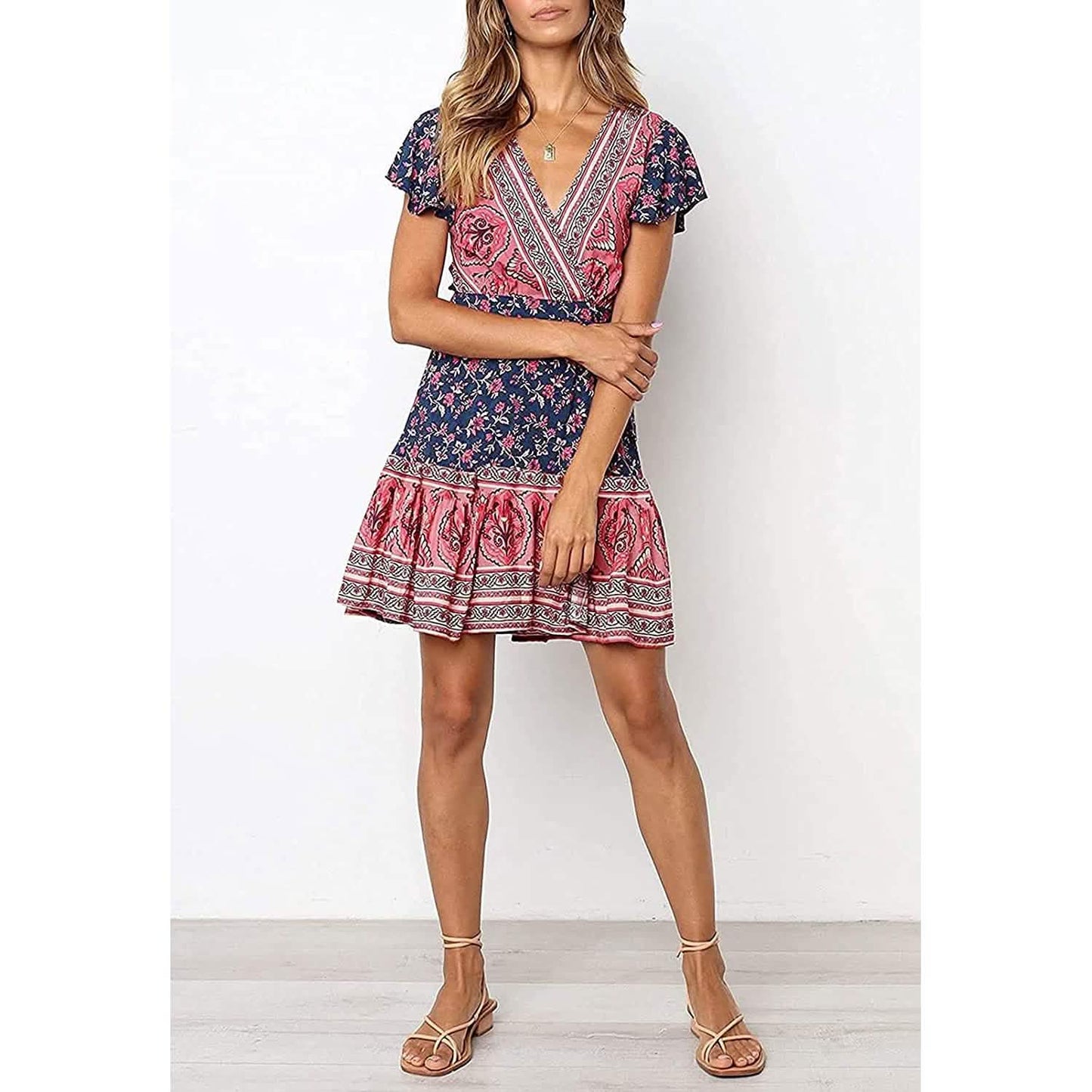 Women's Summer Wrap V Neck Bohemian Floral Print Mini Dress DailySale